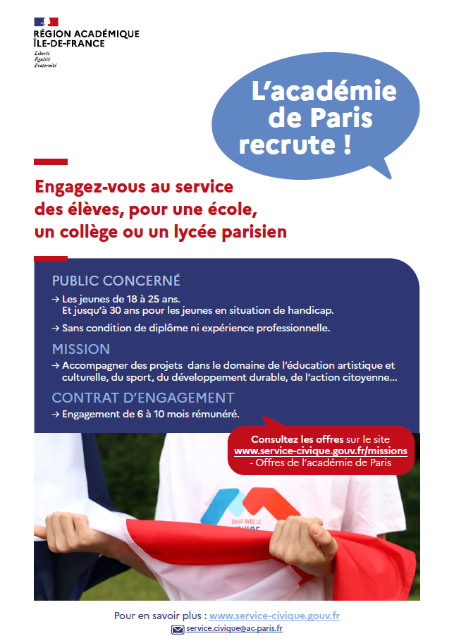 Service civique - engagez-vous au service des élèves, pour une école, un collège ou un lycée parisien