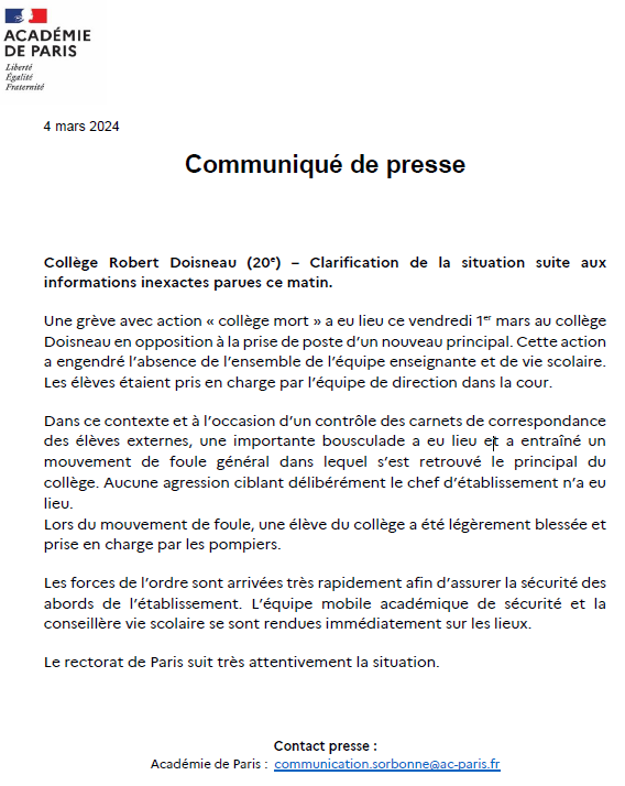 CP - Collège Robert Doisneau (20e) – Clarification de la situation suite aux informations inexactes parues ce matin