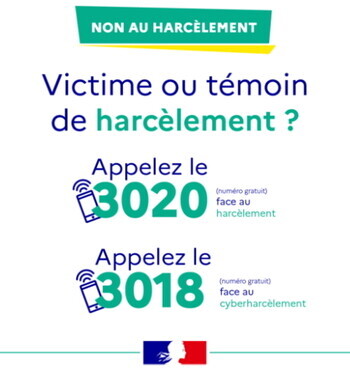 Numéro de téléphone harcèlement 3020, numéro de téléphone cyberharcèlement 3018